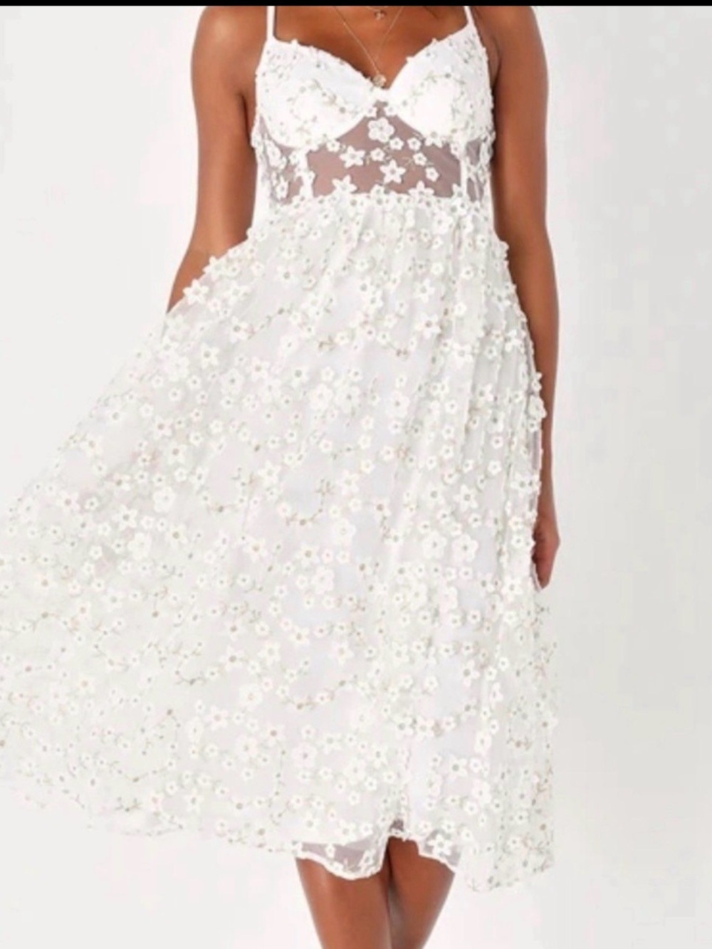 Floral Appliqué Spaghetti Strap Midi Dress - White- Lulus